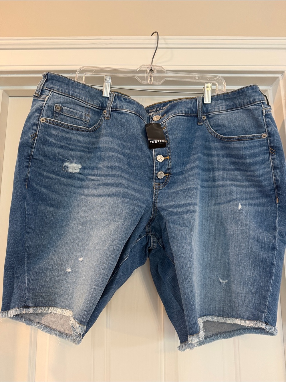 torrid Distressed Button-Fly Denim Shorts in Blue Wash